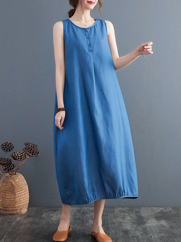 Robe mi-longue ample boutonnée plissée coupe trapèze, à col rond, couleur unie