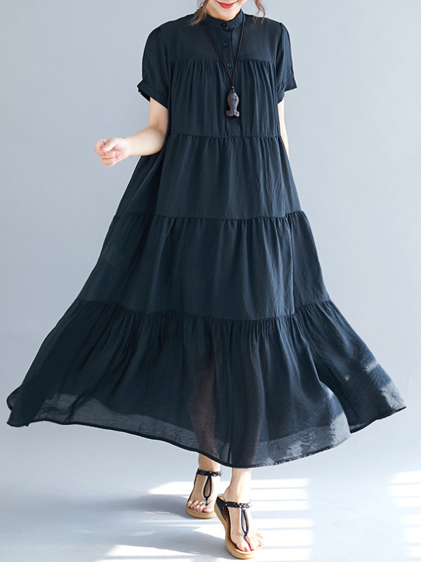 Robe mi-longue ample plissée vintage, à empiècements, à manches courtes, à col rond