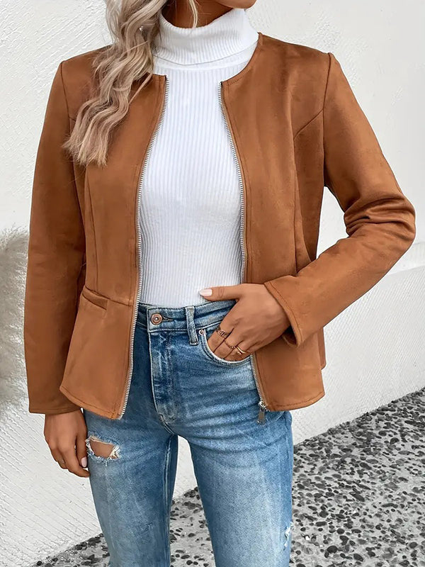 Veste ample à manches longues, à poches, à empiècements, à fermeture éclair, à col rond, couleur unie