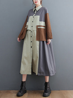 Robe mi-longue ample vintage, à manches longues, col polo, couleur contrastée