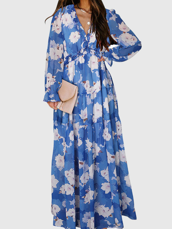 Robe longue plissée volantée taille haute, à manches longues, à imprimé floral, à col en V