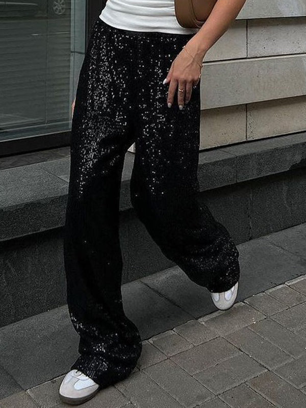Pantalon ample brillant à jambes droites, à taille élastique, à sequins, à empiècements