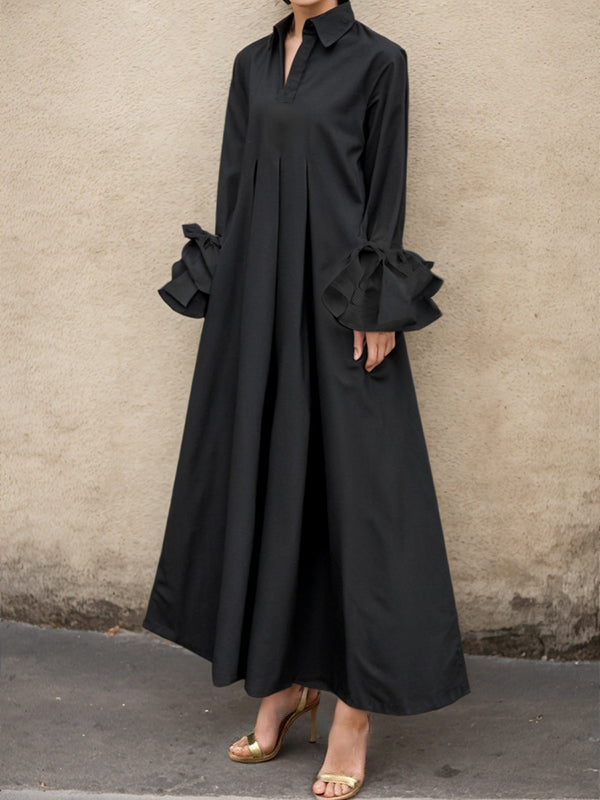 Robe chemise plissée à manches évasées, à empiècements, à col revers, couleur unie