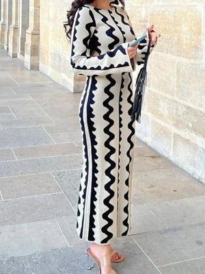 Robe longue ajourée imprimée taille haute, à manches longues, à col rond