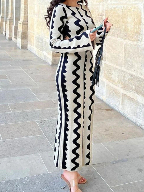 Robe longue ajourée imprimée taille haute, à manches longues, à col rond