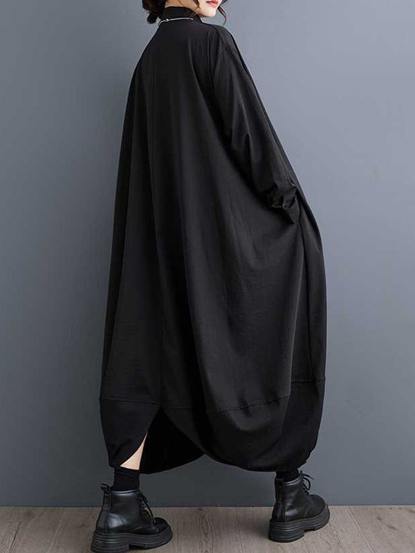 Robe chemise boutonnée coupe trapèze, à manches longues, à poches, à empiècements, à col revers, couleur unie