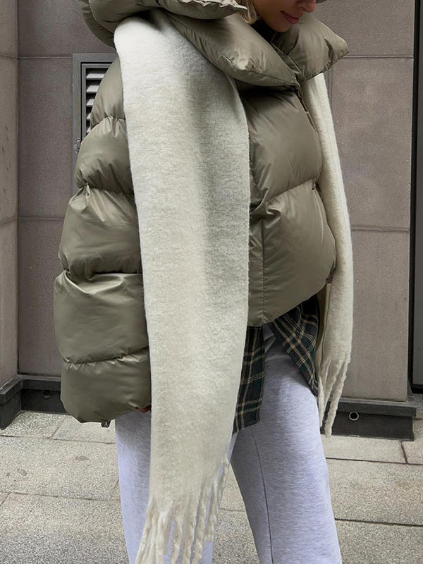 Manteau ample matelassé à manches longues, à empiècements, à capuche, couleur unie