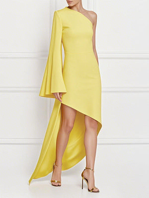 Robe longue asymétrique à ourlet plongeant, à manches longues, asymétrique à une épaule, couleur unie