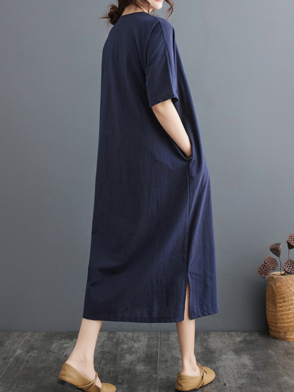 Robe trapèze ample avec boutons de grenouille chinoise, poches, couleur unie, fendue sur le côté, col en v, robes mi-longues