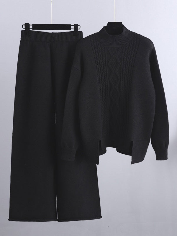Ensemble deux pièces urbain ample, pull à demi-col roulé et pantalons à jambes larges