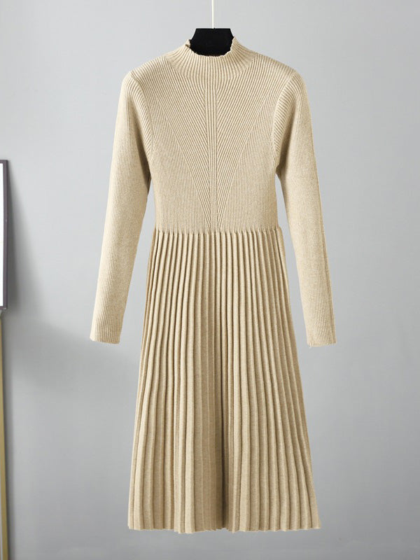 Robes pull élégantes à manches longues, taille haute plissée, couleur unie, demi-col roulé