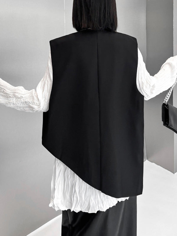 Débardeur asymétrique boutonné brodé sans manches, à col en V