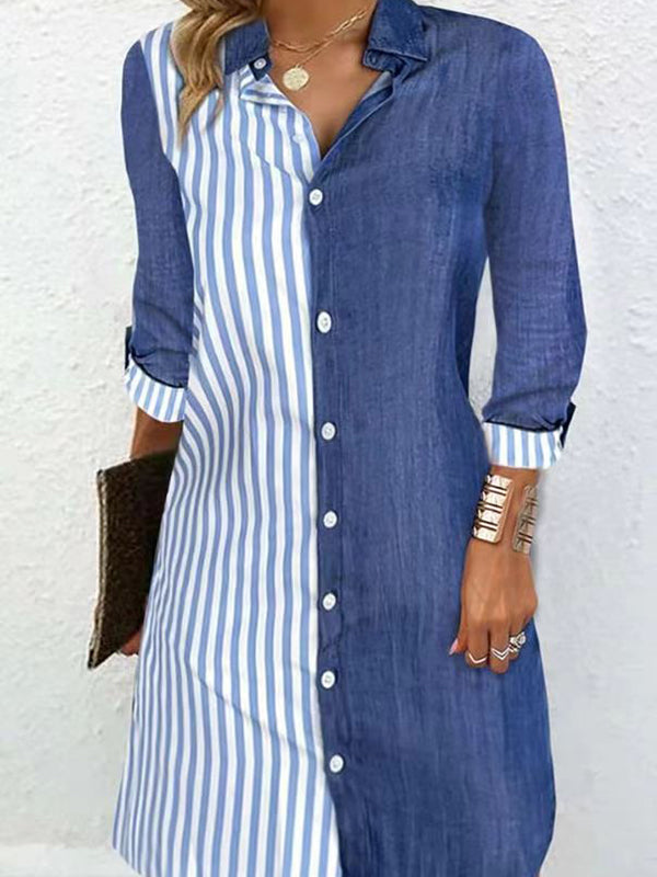Robe chemise ample asymétrique rayée à manches longues, à empiècements, à col revers