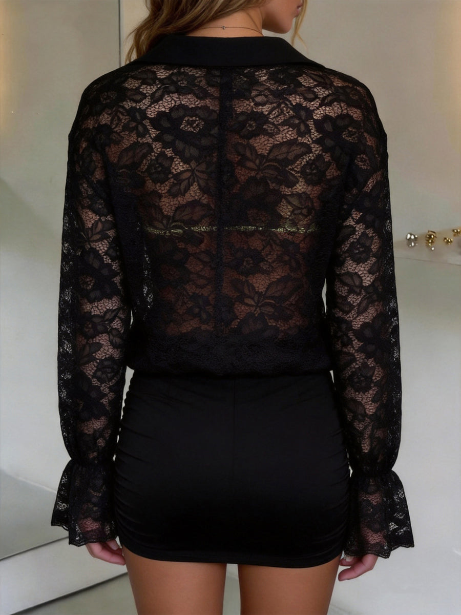 Chemisier ajouré papillon, à manches longues, taille haute, à col revers, style kimono, couleur unie