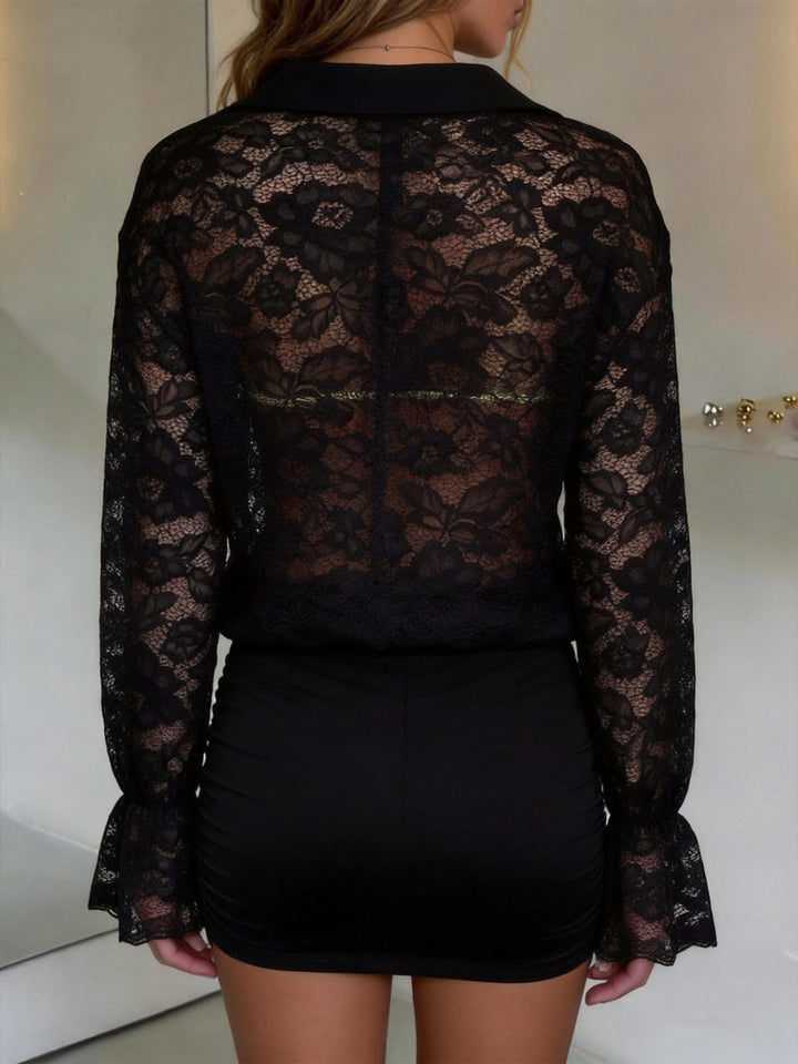 Chemisier ajouré papillon, à manches longues, taille haute, à col revers, style kimono, couleur unie