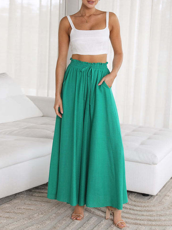Pantalon ample plissé taille haute, à cordon de serrage, à taille élastique, à poches, couleur unie
