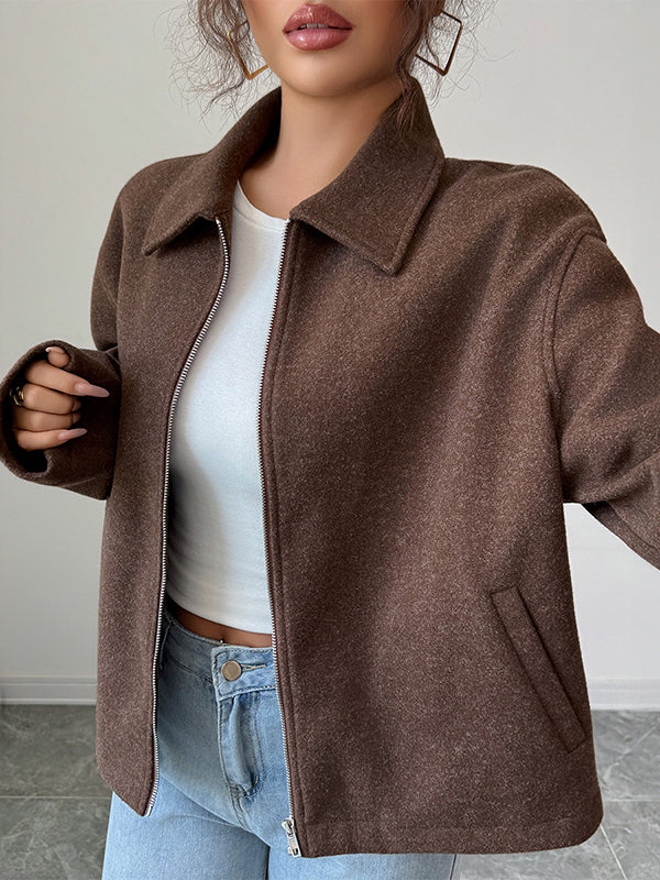 Veste ample à manches longues, à fermeture éclair, à col revers, couleur unie