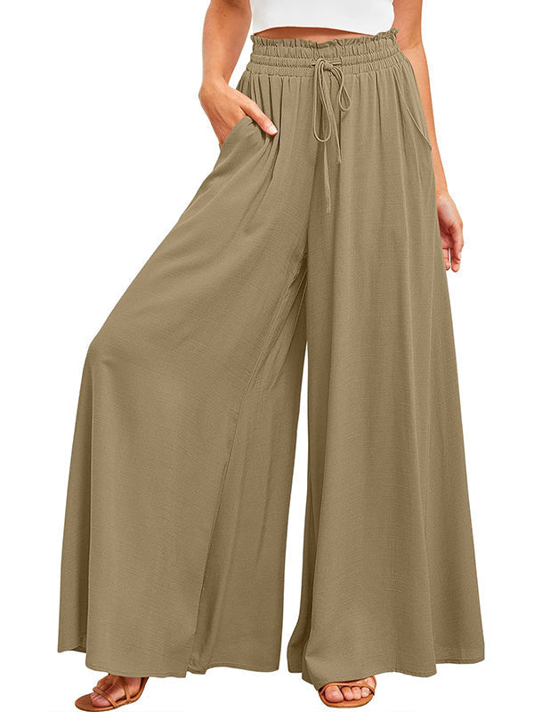 Pantalon ample plissé taille haute, à cordon de serrage, à taille élastique, à poches, couleur unie