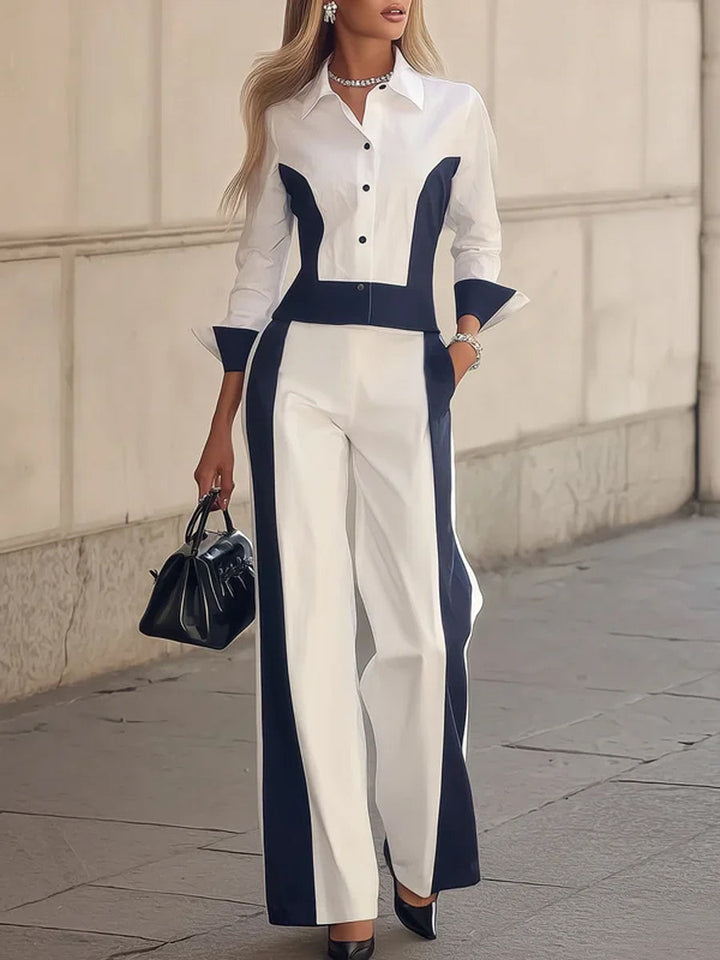 Pantalon taille haute, à poches, à empiècements, couleur contrastée