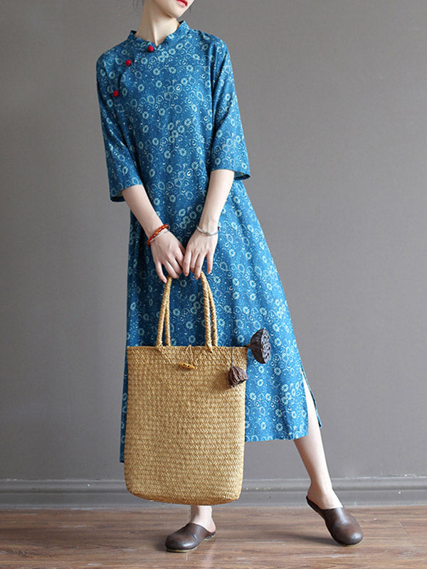 Robe mi-longue originale à col montant et motif floral uni