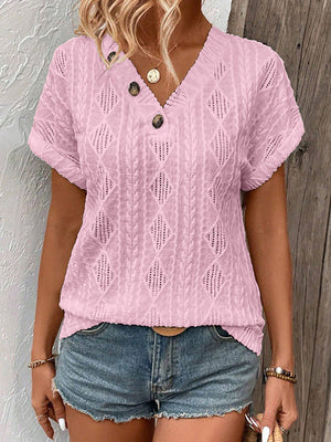 T-shirt ample boutonné à manches courtes, à col en V, couleur unie