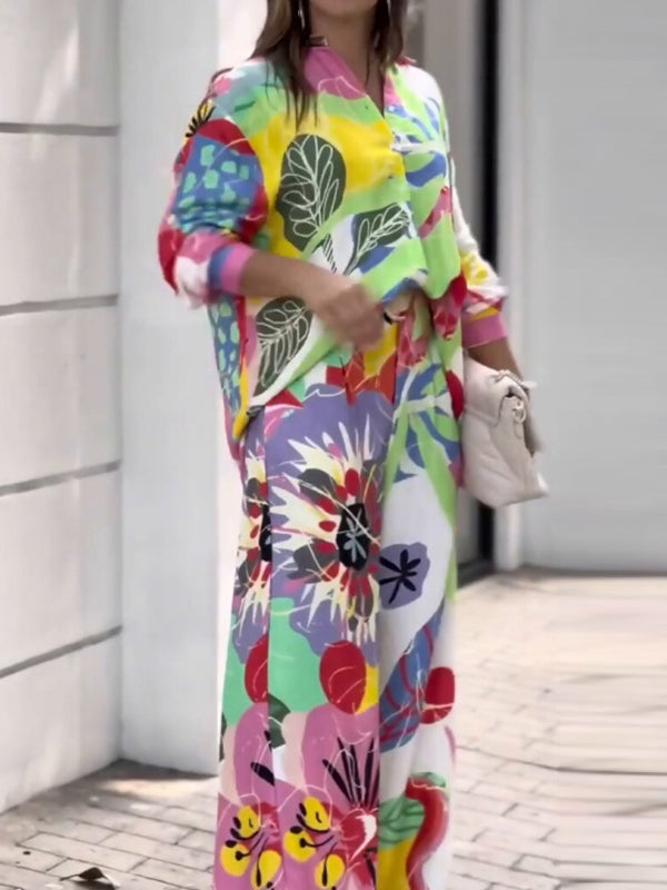Ensemble deux pièces imprimé boutonné à manches longues, à col revers, taille haute, couleur contrastée – chemisier + pantalon