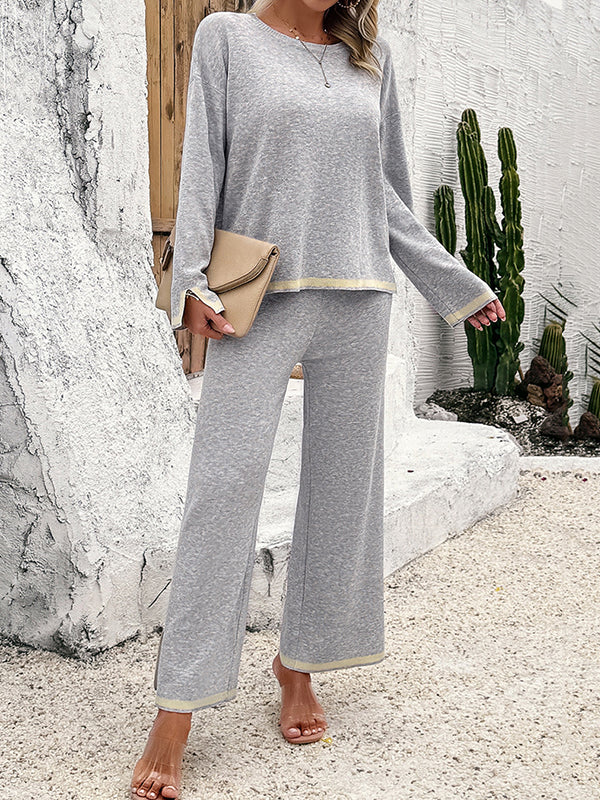 Ensemble deux pièces fendu sur le côté à manches longues, à empiècements, à col rond, à ourlet plongeant, couleur contrastée – pull + pantalon