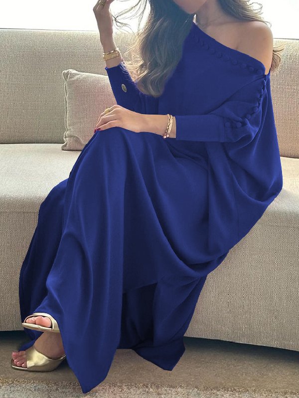 Robe longue ample boutonnée coupe droite, couleur unie