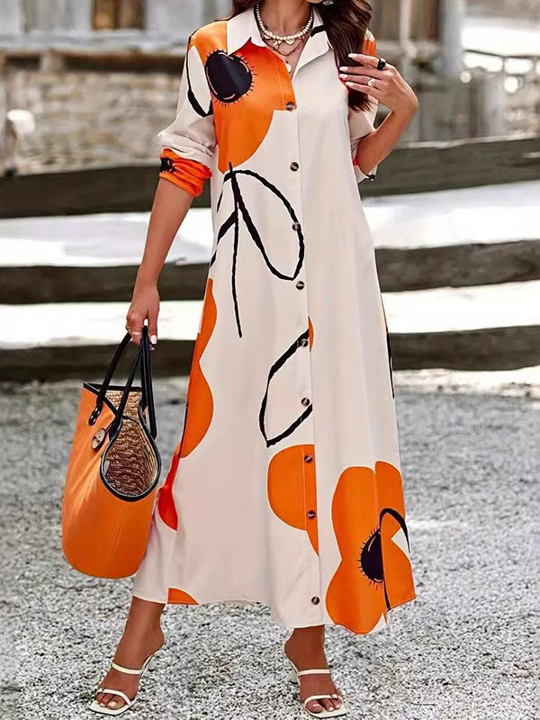Robe chemise ample à manches longues, à imprimé floral, à empiècements, à col revers