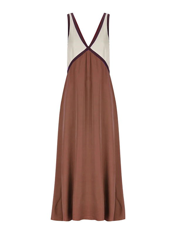 Robe longue ample sans manches, à empiècements, à décolleté en V profond, couleur contrastée