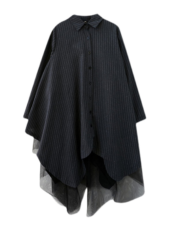 Robe ample rayée longue en gaze, à empiècements, à col revers
