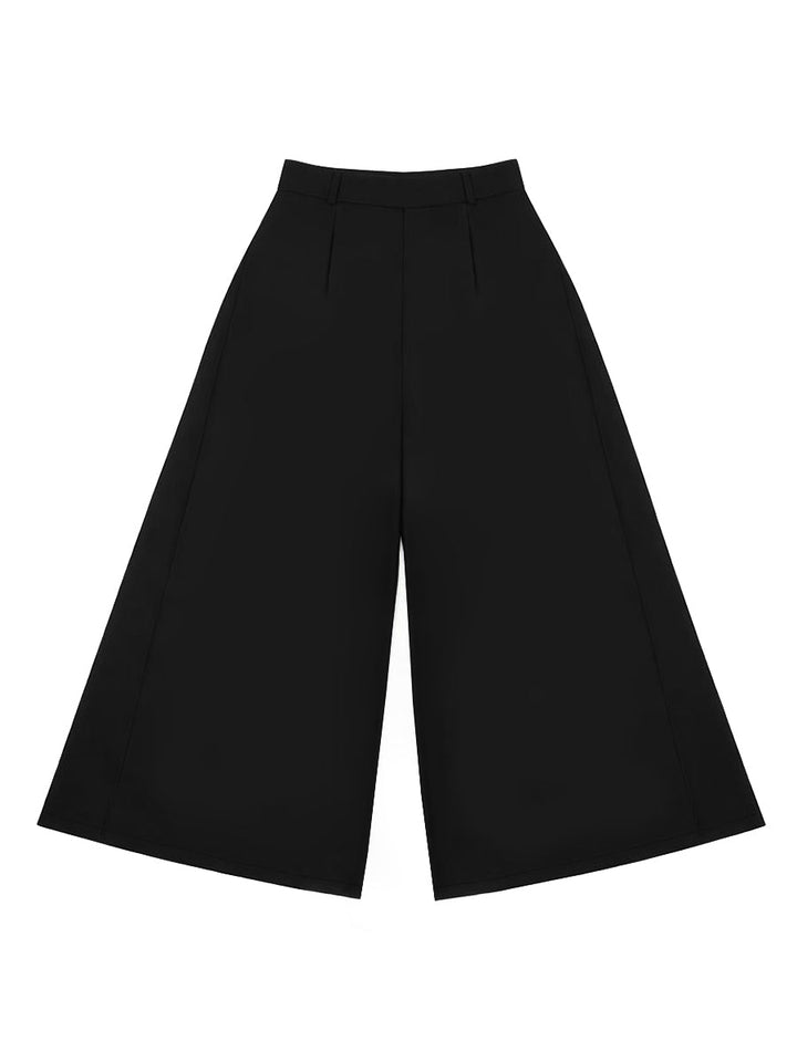 Pantalon élégant ample taille haute, à jambes larges, couleur unie