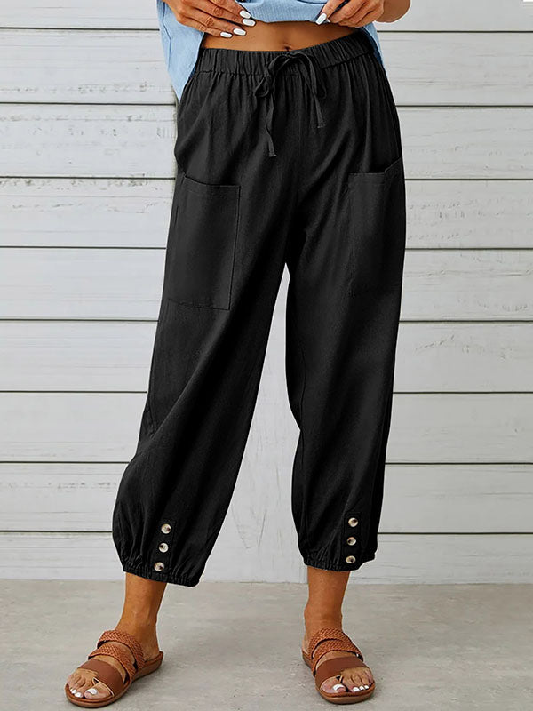 Pantalon ample boutonné taille haute, à cordon de serrage, à taille élastique, à poches, à empiècements