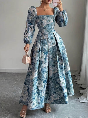 Robe longue plissée coupe trapèze, taille haute, à imprimé floral, à empiècements, à col carré, couleur contrastée