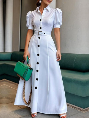 Robe chemise boutonnée à manches bouffantes, à manches courtes, avec ceinture, à col revers, couleur unie