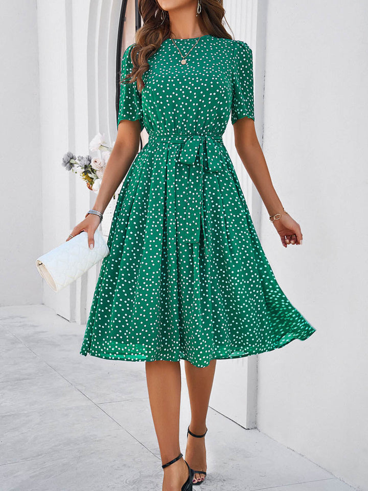 Robe mi-longue coupe trapèze, à taille élastique, à pois, à empiècements, à taille nouée, à col rond, couleur contrastée
