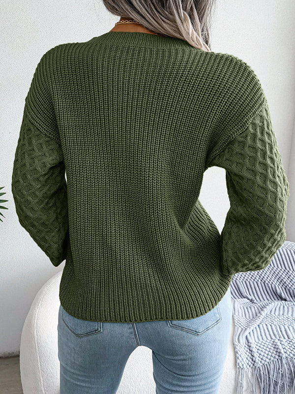 Pull ample à manches longues en tricot torsadé de couleur unie à col rond