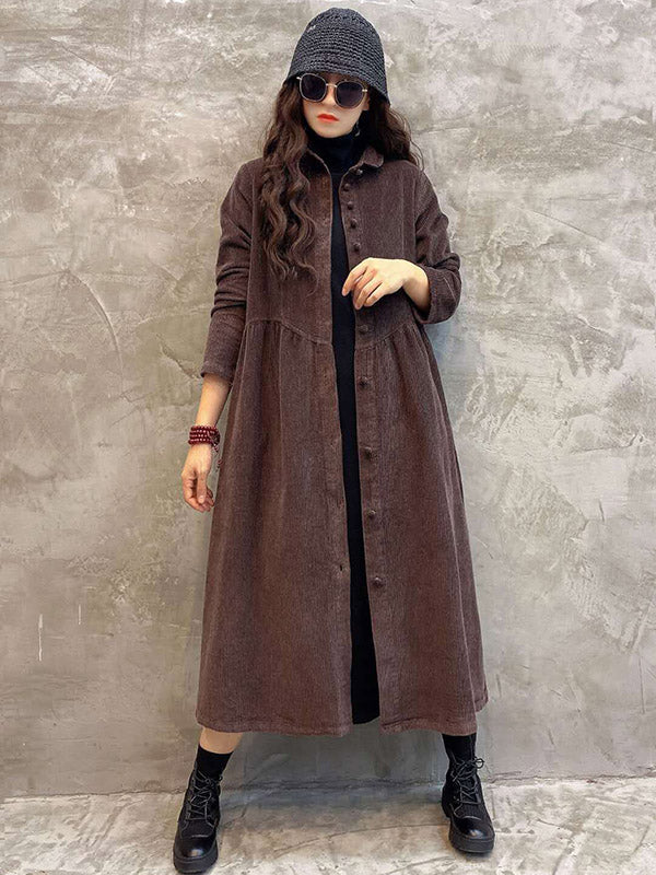 Robe Originale à Revers en Velours Côtelé Uni
