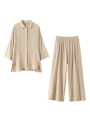Ensemble deux pièces ample fendu sur le côté plissé à empiècements, à col revers, à taille élastique, couleur unie – chemisier + pantalon