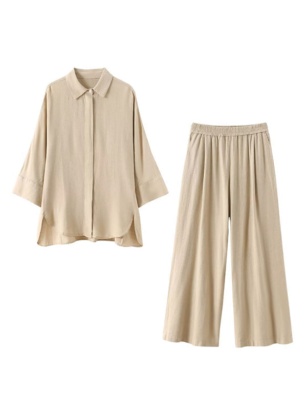 Ensemble deux pièces ample fendu sur le côté plissé à empiècements, à col revers, à taille élastique, couleur unie – chemisier + pantalon