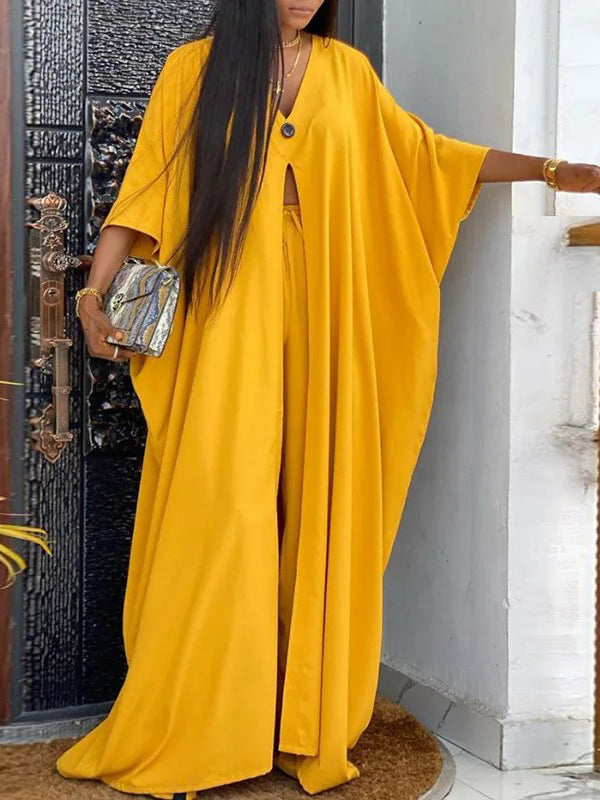 Ensemble deux pièces fendu devant à manches chauve-souris, à col en V, taille haute, à taille élastique – kimono + pantalon