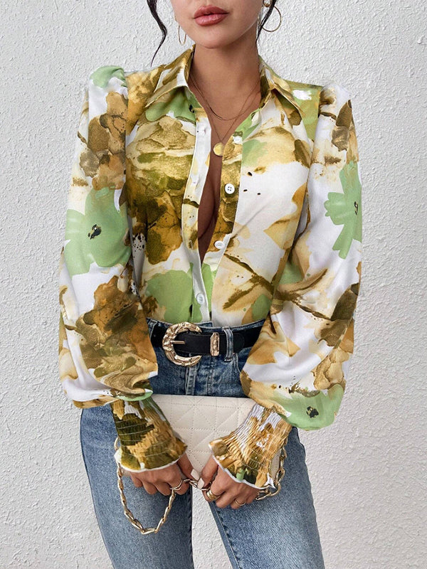 Chemisier ample boutonné plissé à manches longues, à taille élastique, à imprimé floral, à col revers