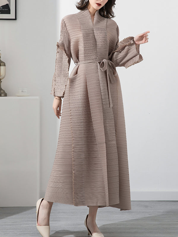Robe mi-longue décontractée ample nouée plissée à manches longues, à col montant