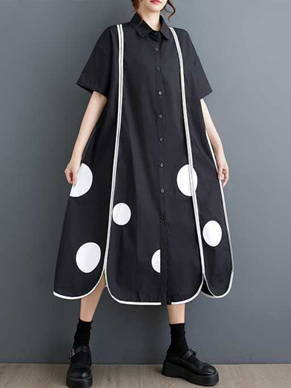 Robe chemise boutonnée fendue devant coupe trapèze, à manches mi-longues, à poches, à pois, à empiècements, à col revers