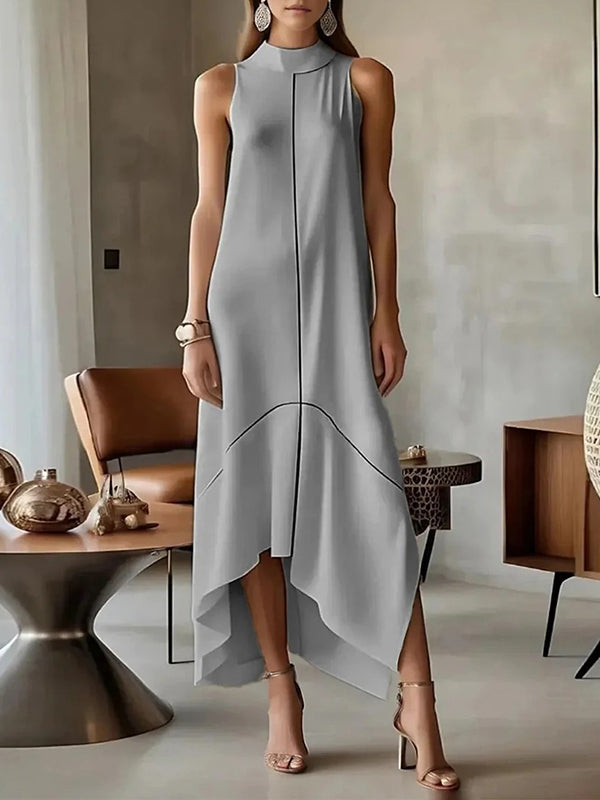 Robe longue fendue sur le côté sans manches, à empiècements, à col haut