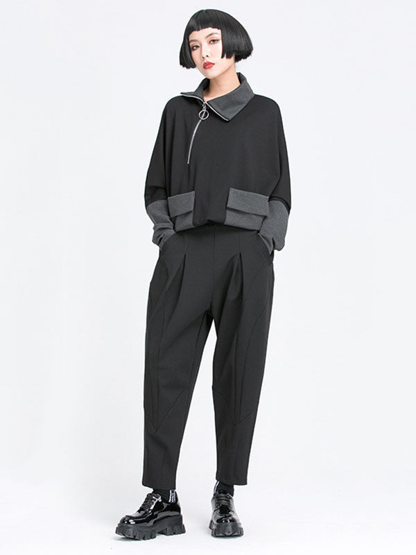 Pantalon simple ample décontracté à taille élastique, couleur unie
