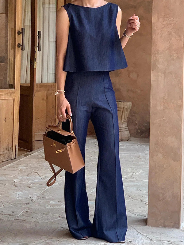 Jean ample à empiècements, taille haute, couleur unie