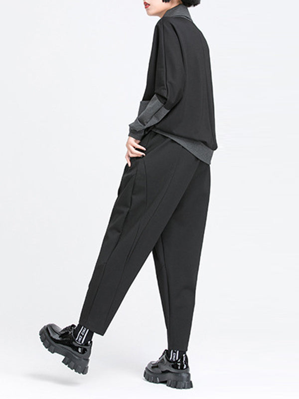 Pantalon ample plissé à taille élastique, à poches, à empiècements, couleur unie