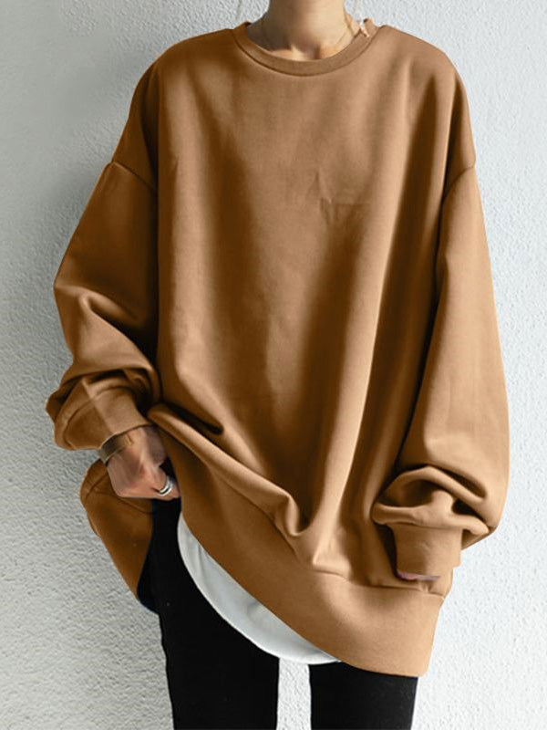 Sweat-shirt décontracté ample à col rond, couleur unie