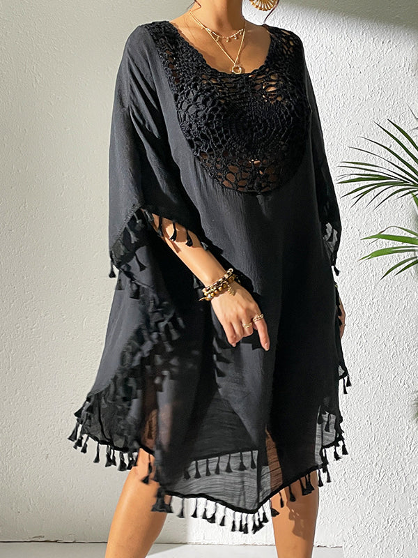 Robe mi-longue ample ajourée à manches chauve-souris, anti-UV, à pompons, à col rond, couleur unie
